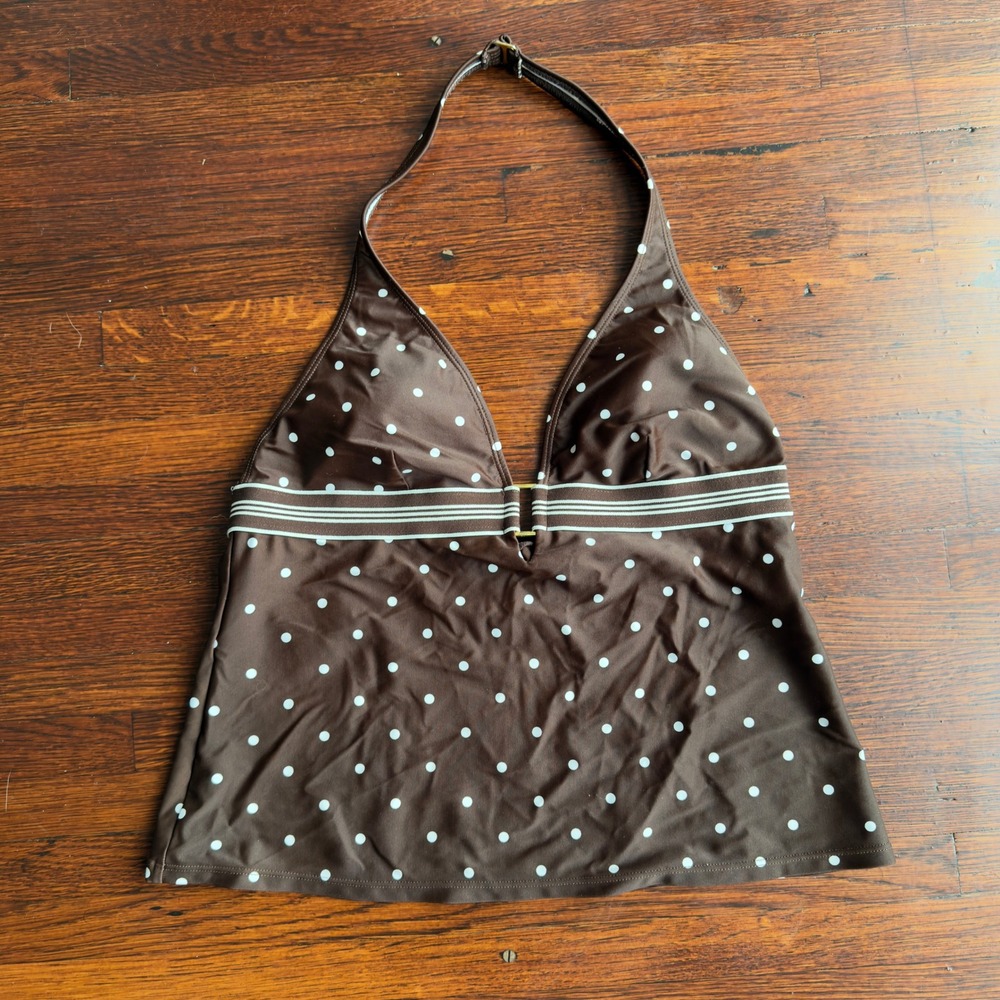 Chaps Brown Polka Dot Halter Tankini Top Swimsuit Size 12 B-46034T7